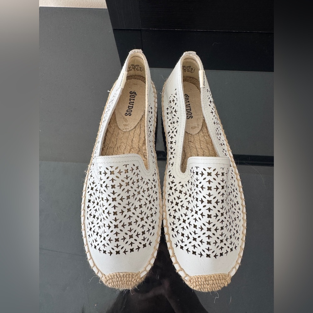 Soludos White Laser-Cut Leather Espadrille Slip-Ons